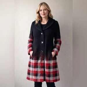 Dolcezza Black Wool Blend Coat Red Plaid Hem Shawl Collar Jacket PTP 20”